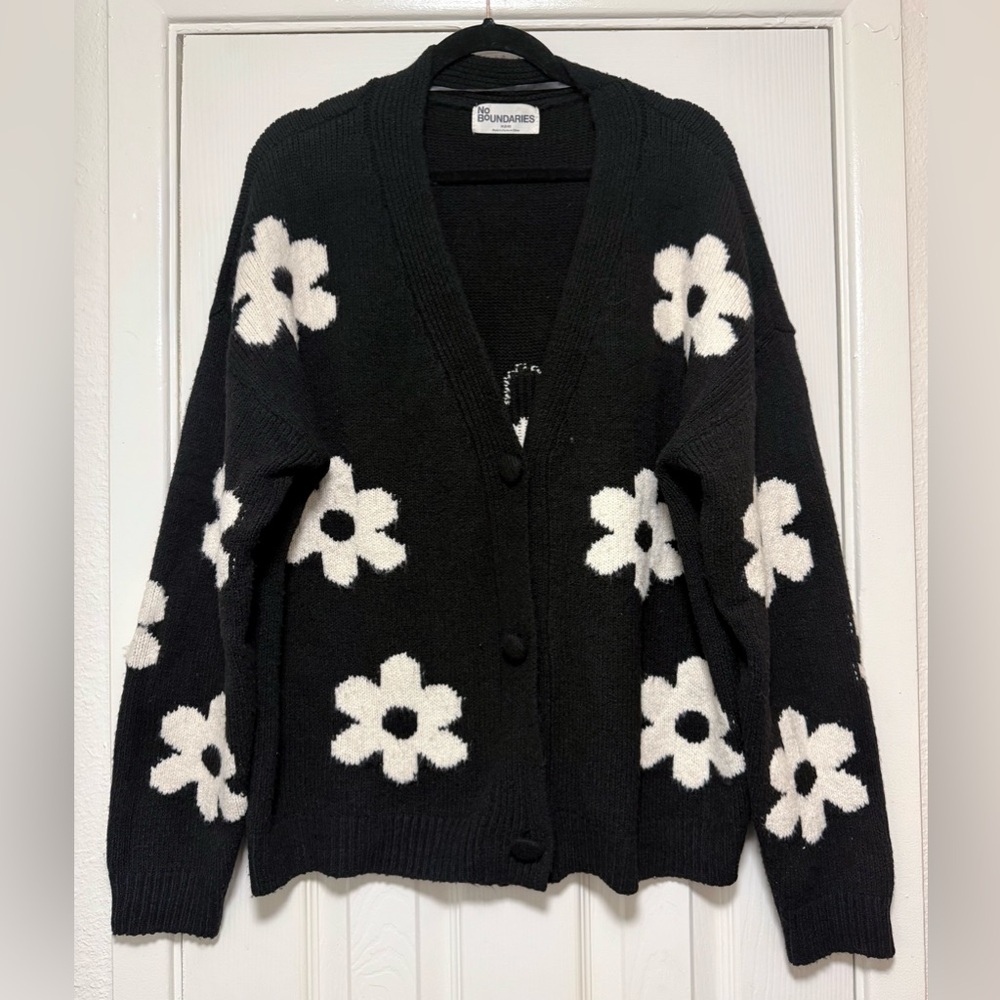 No Boundaries Black Cardigan with White Floral Design